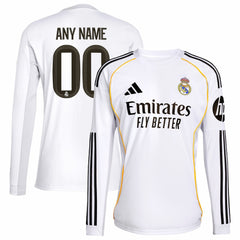 Real Madrid 2025/26 Home Replica Long Sleeve Custom Jersey White - Adidas