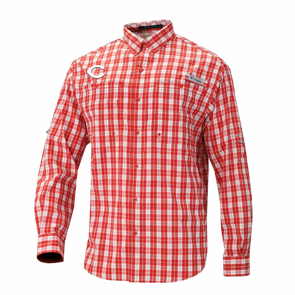 Cincinnati Reds Columbia Super Tamiami Omni-Shade Long Sleeve Button-Down Shirt - Red - Columbia Discount