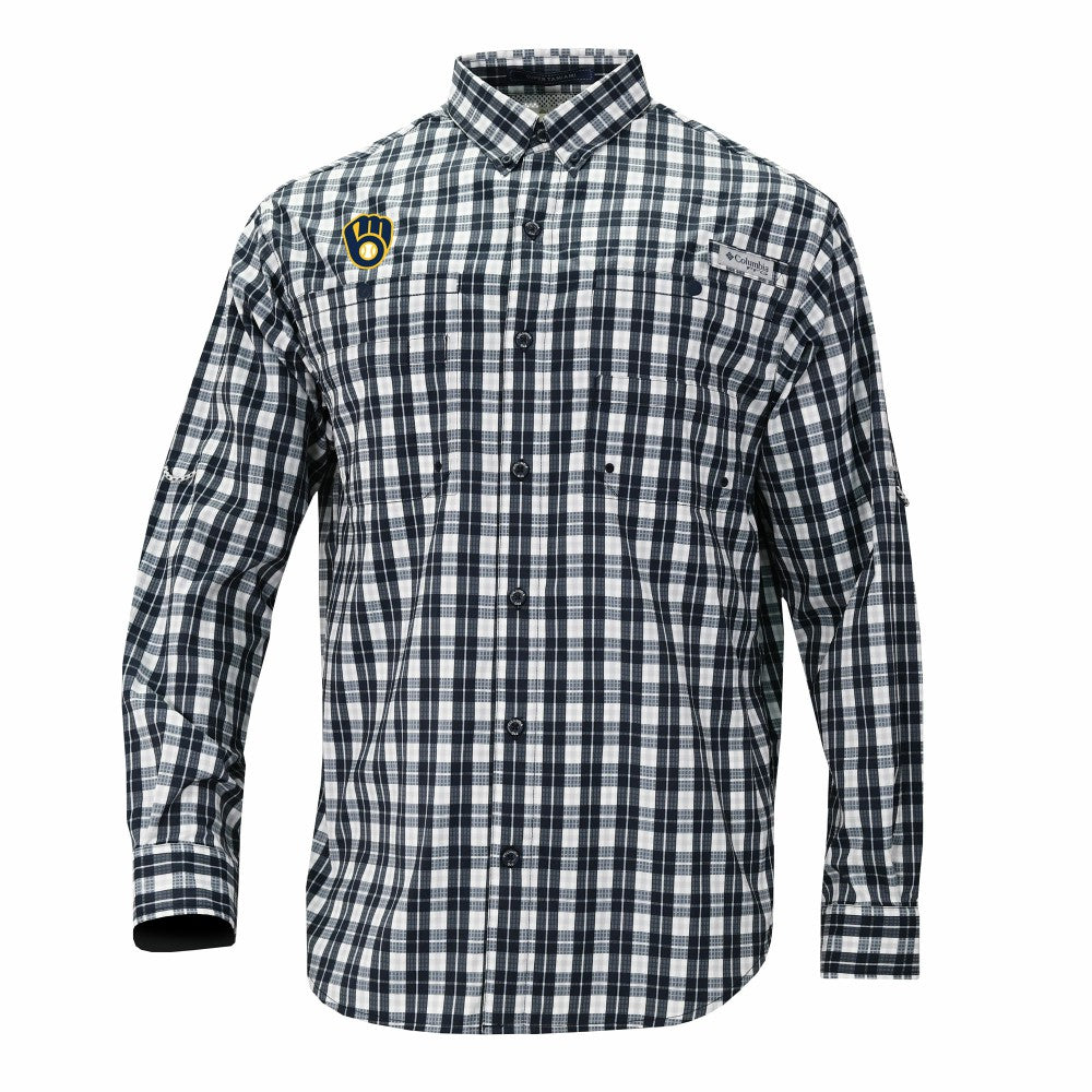Milwaukee Brewers Columbia Super Tamiami Omni-Shade Long Sleeve Button-Down Shirt - Navy - Columbia Discount