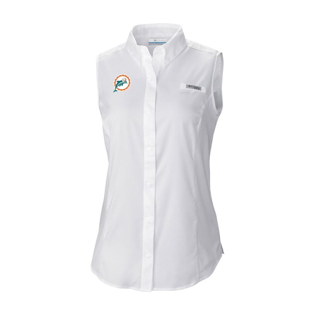 Columbia Miami Dolphins Women's Historic Tamiami Omni-Shade Sleeveless Button-Up Shirt White