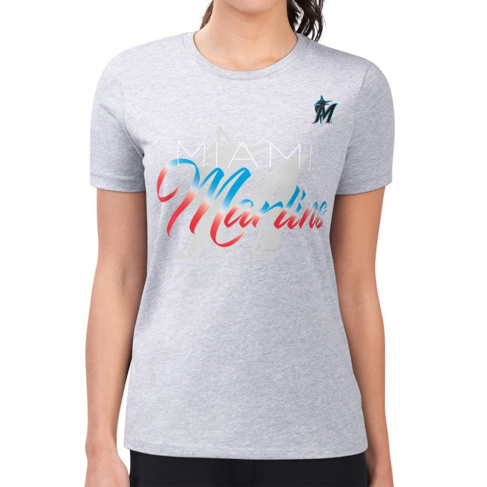 Miami Marlins G-III 4Her by Carl Banks Women's Super-Slim Fit Lightweight Shadow Logo Graphic T-Shirt - Heather Gray - MLB on Sale