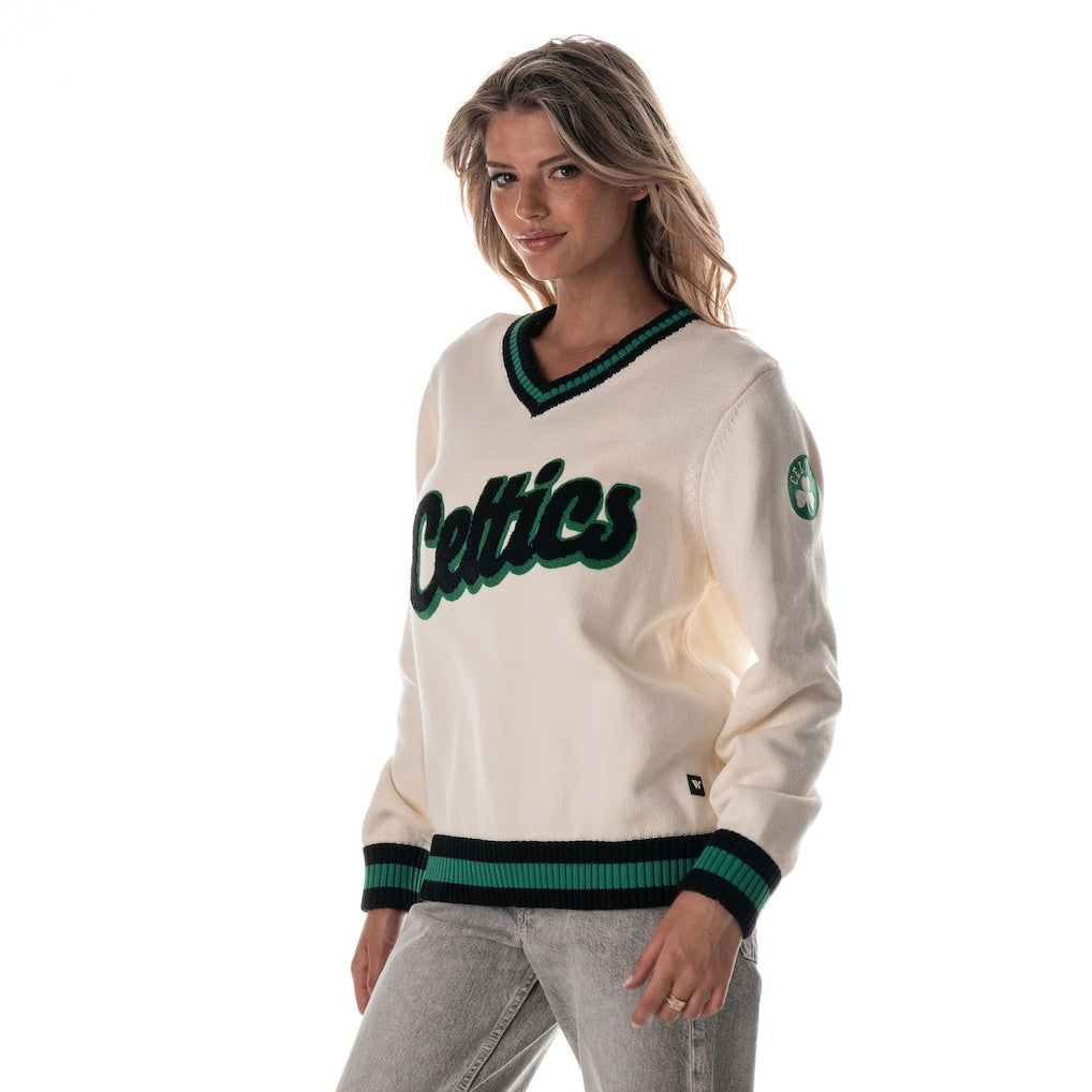 Boston Celtics The Wild Collective Women's Jacquard V-Neck Sweater Cream
