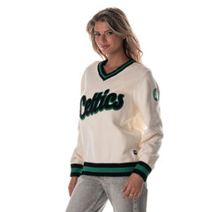 Boston Celtics The Wild Collective Women's Jacquard V-Neck Sweater Cream
