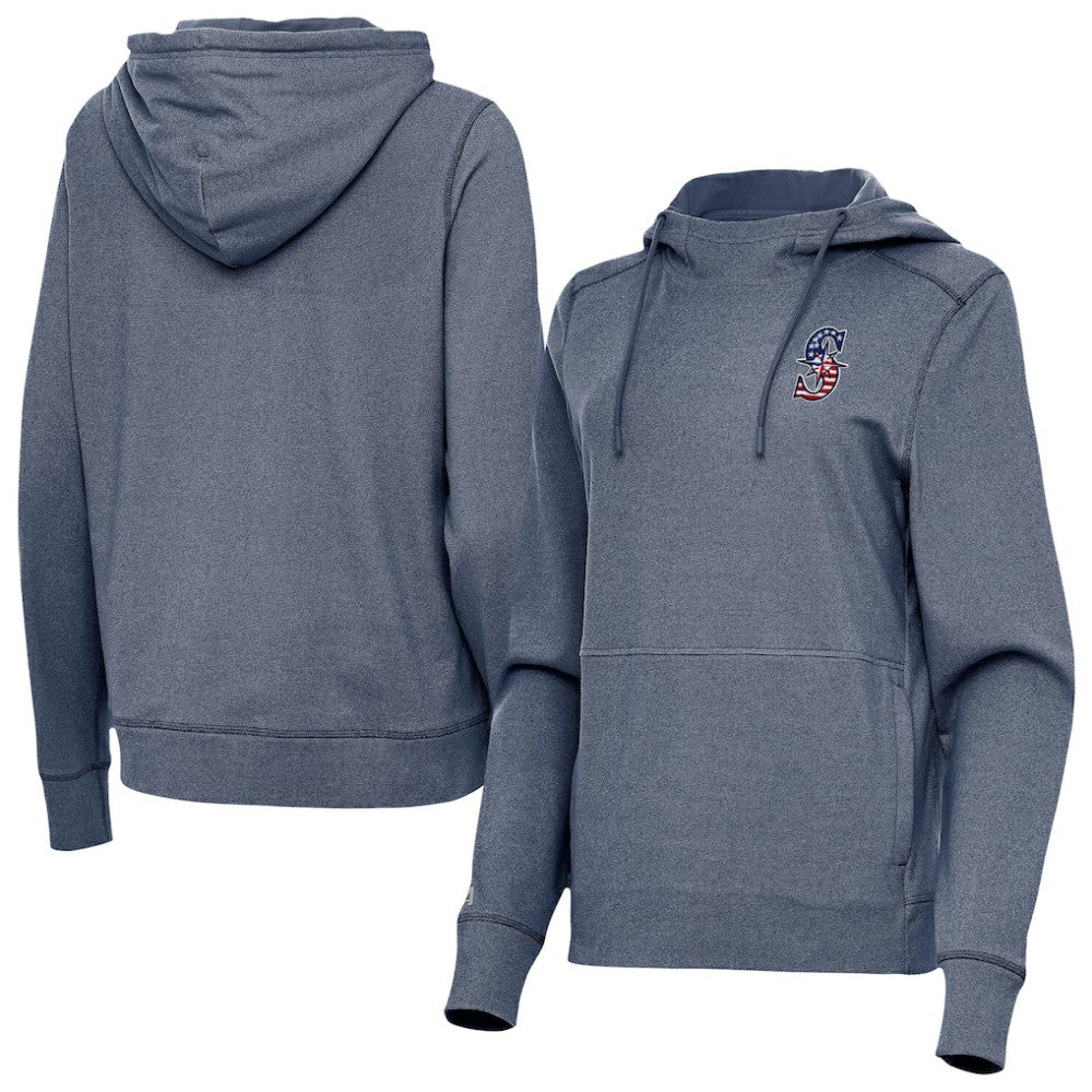 Seattle Mariners Antigua Women's Justice Stars and Stripes Team Logo Pullover Hoodie - Heather Navy - MLB Online