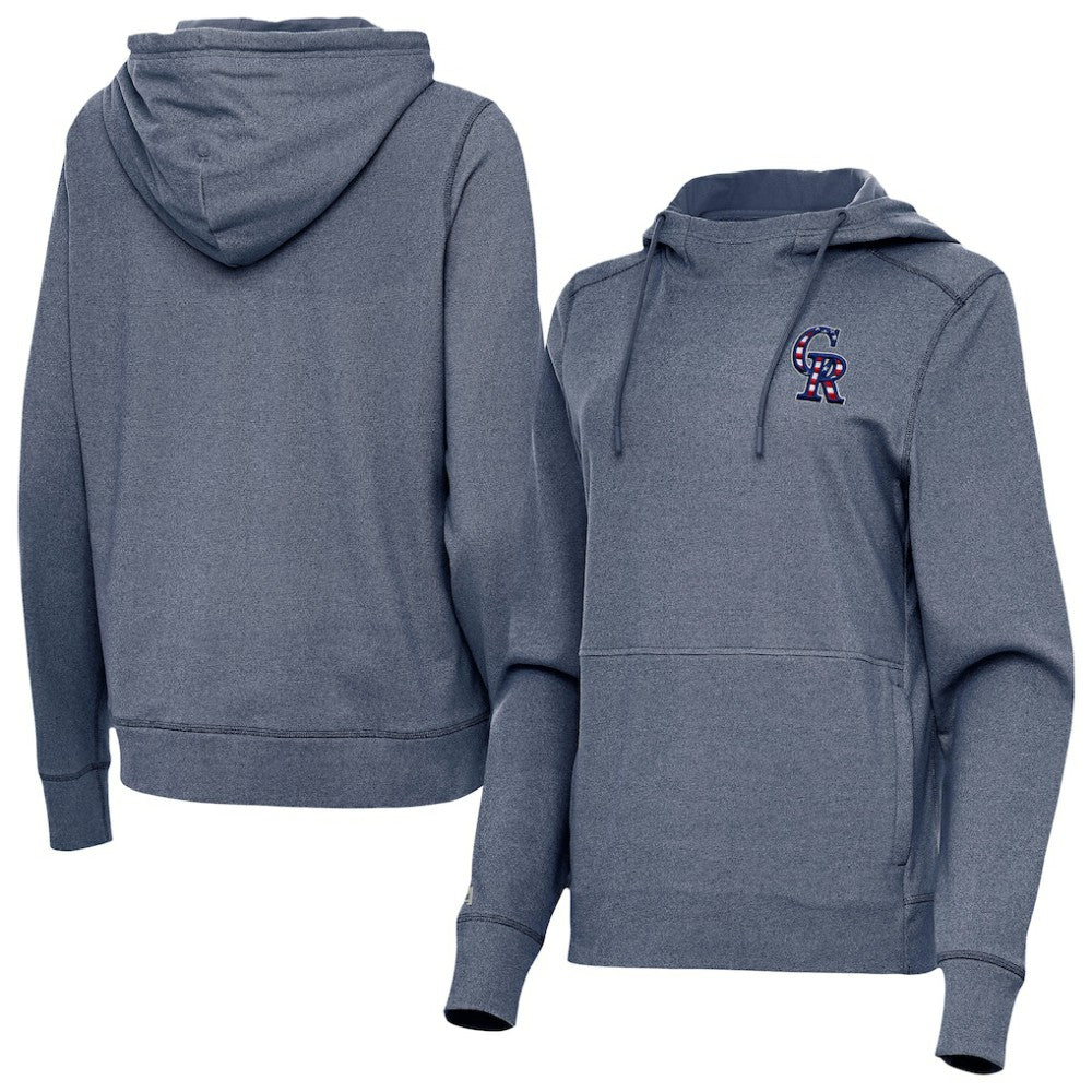 Colorado Rockies Antigua Women's Justice Stars and Stripes Team Logo Pullover Hoodie - Heather Navy - MLB Sale