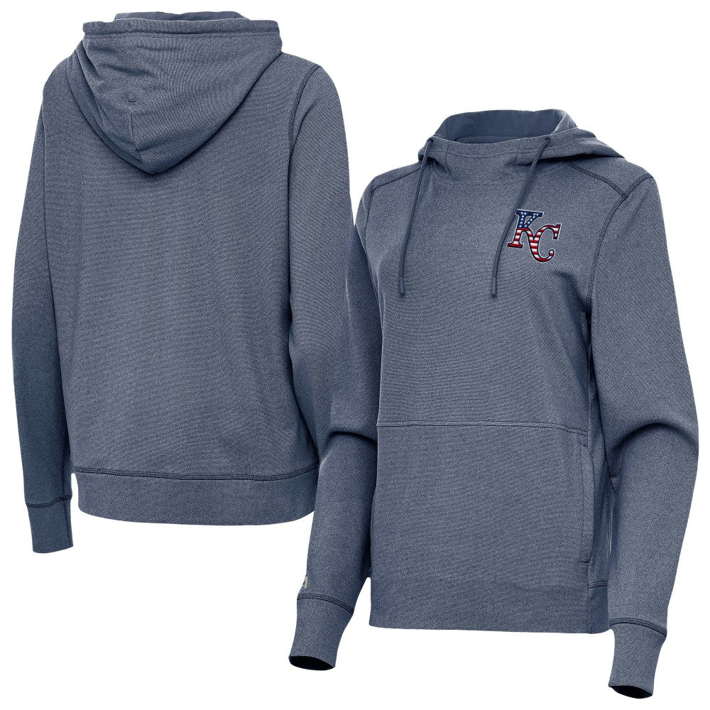 Kansas City Royals Antigua Women's Justice Stars and Stripes Team Logo Pullover Hoodie - Heather Navy - MLB Sale