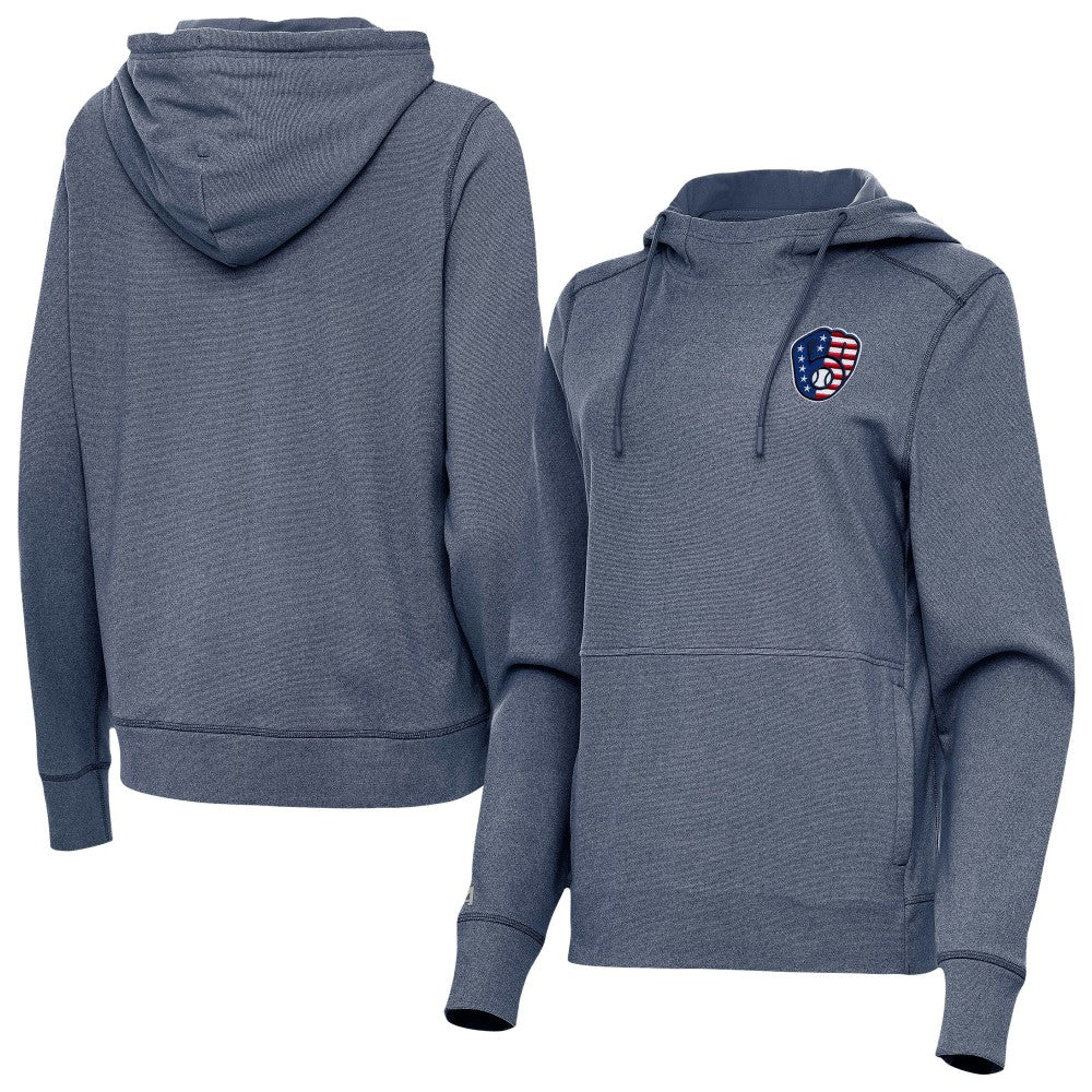 Milwaukee Brewers Antigua Women's Justice Stars and Stripes Team Logo Pullover Hoodie - Heather Navy - MLB Sale