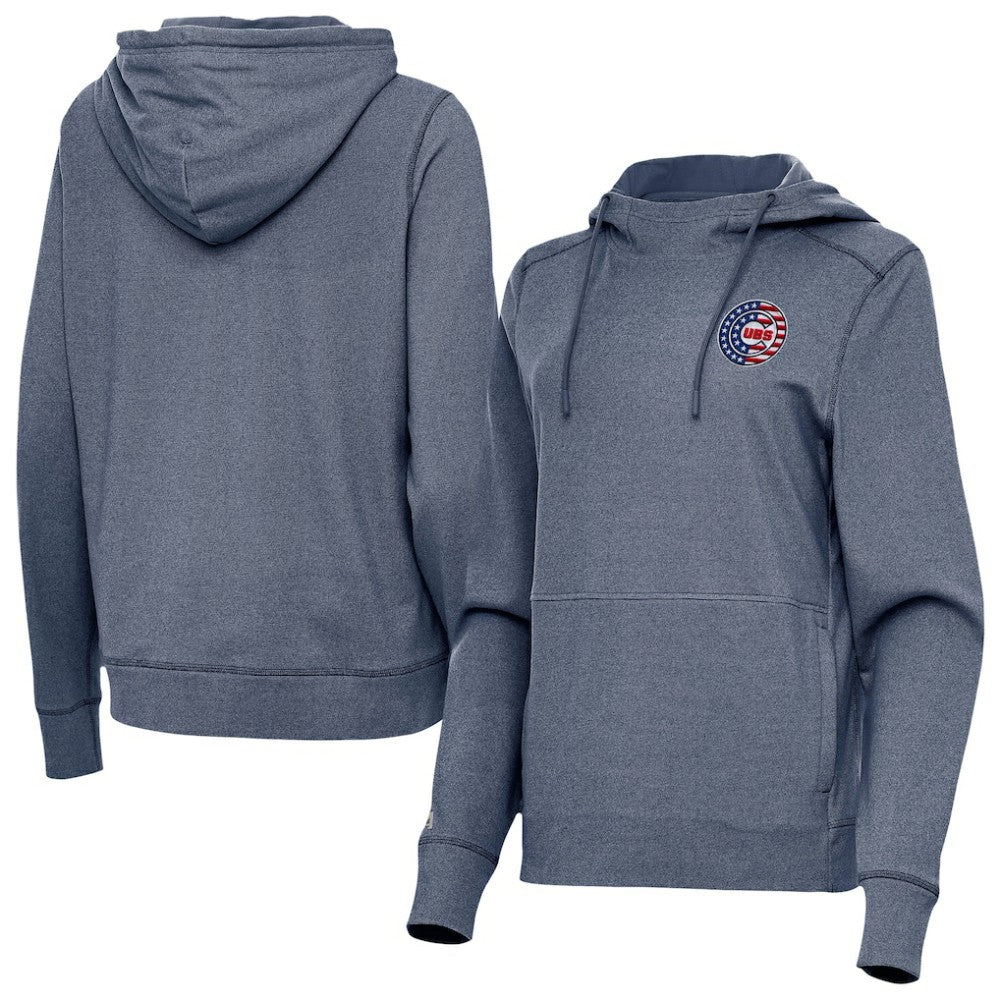 Chicago Cubs Antigua Women's Justice Stars and Stripes Team Logo Pullover Hoodie - Heather Navy - MLB Sale