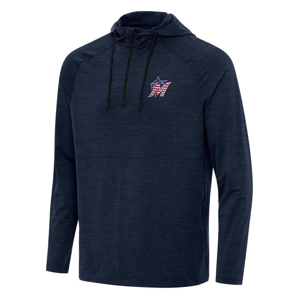 Miami Marlins Antigua Spikes Stars and Stripes Team Logo Quarter-Zip Pullover Hoodie - Heather Navy - MLB Discount