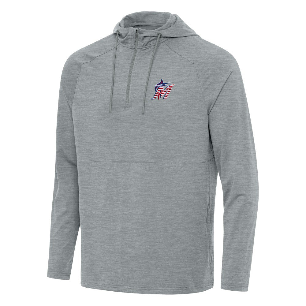 Miami Marlins Antigua Spikes Stars and Stripes Team Logo Quarter-Zip Pullover Hoodie - Heather Gray - MLB on Sale