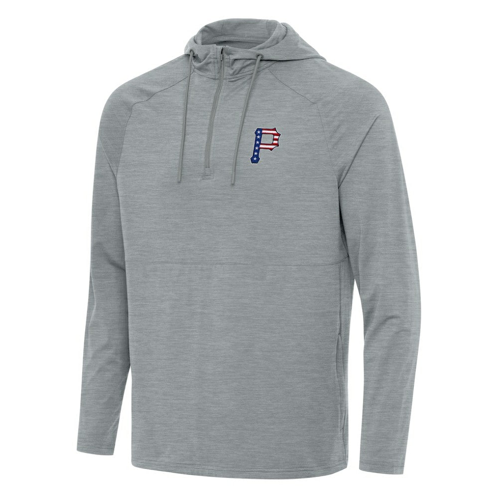 Pittsburgh Pirates Antigua Spikes Stars and Stripes Team Logo Quarter-Zip Pullover Hoodie - Heather Gray - MLB on Sale