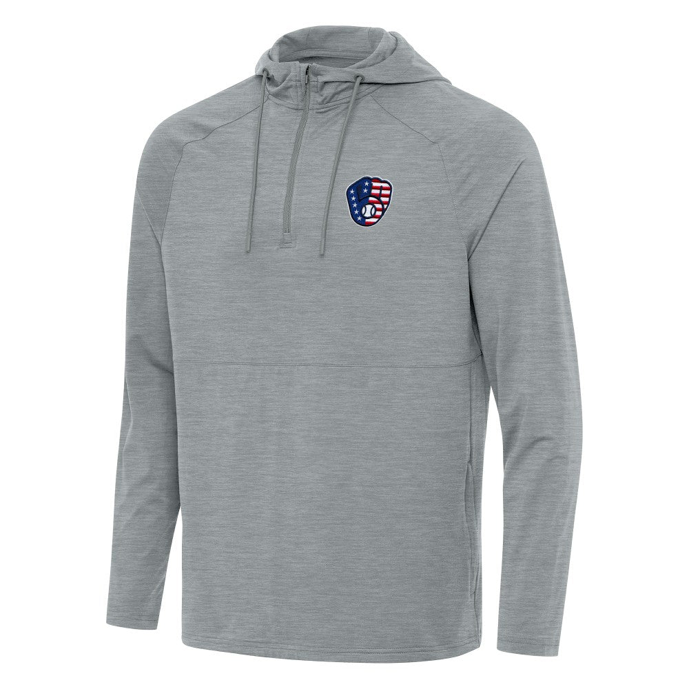 Milwaukee Brewers Antigua Spikes Stars and Stripes Team Logo Quarter-Zip Pullover Hoodie - Heather Gray - MLB Sale