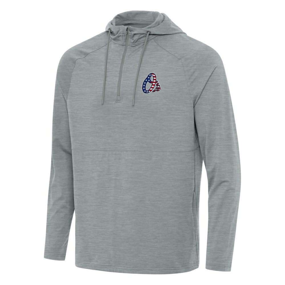 Baltimore Orioles Antigua Spikes Stars and Stripes Team Logo Quarter-Zip Pullover Hoodie - Heather Gray - MLB Discount