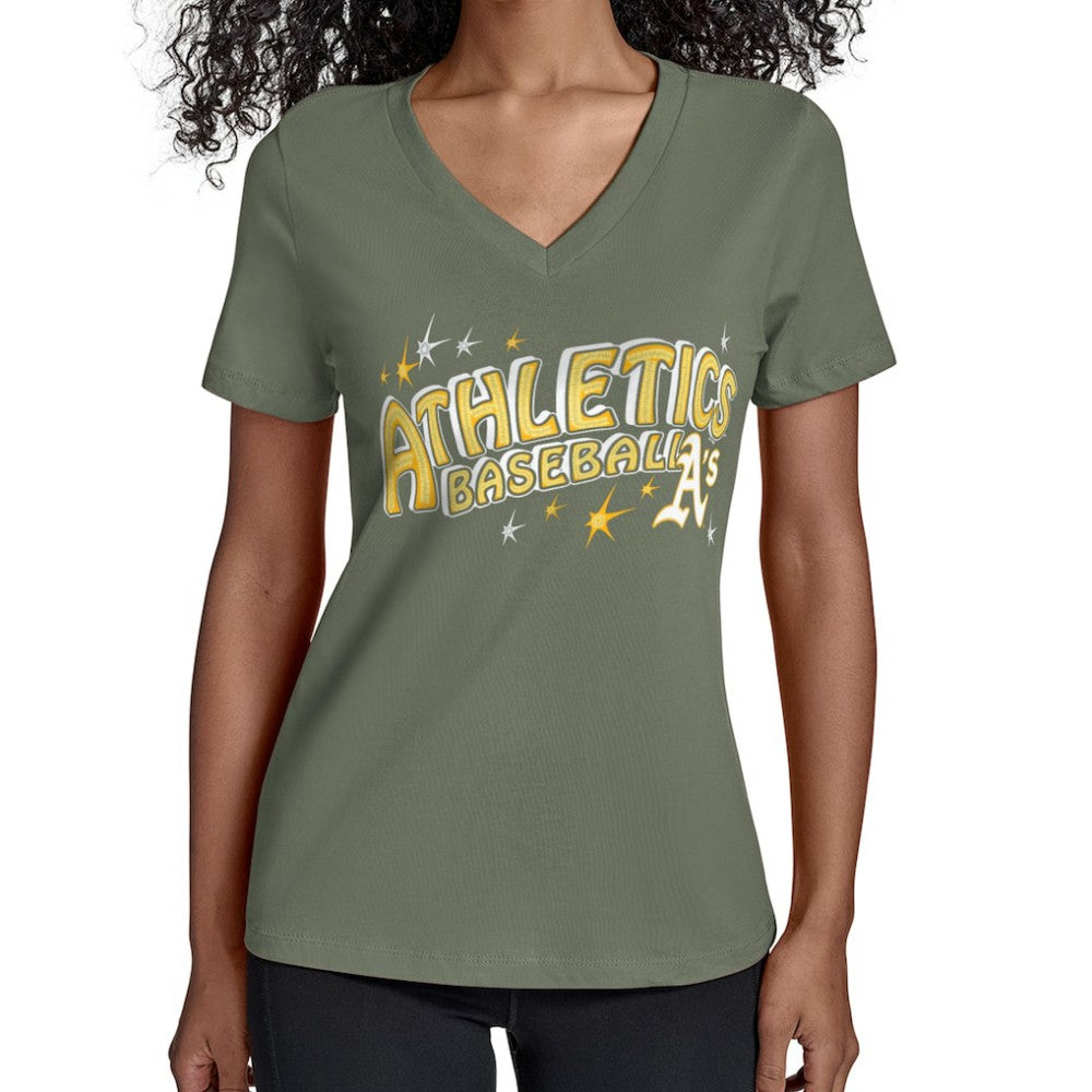 Athletics Starter Women's Fireworks Team Name V-Neck T-Shirt - Green - MLB Lifestyle