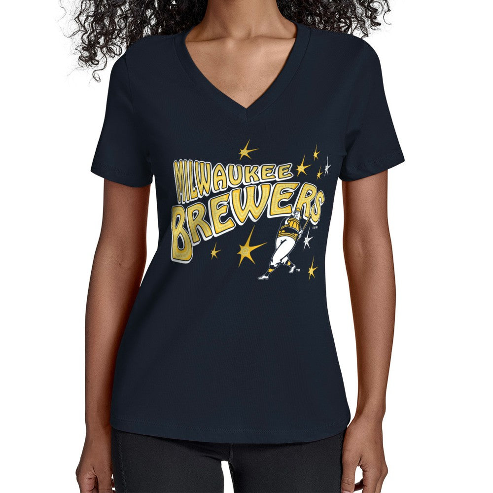 Milwaukee Brewers Starter Women's Fireworks V-Neck T-Shirt - Navy - MLB on Sale