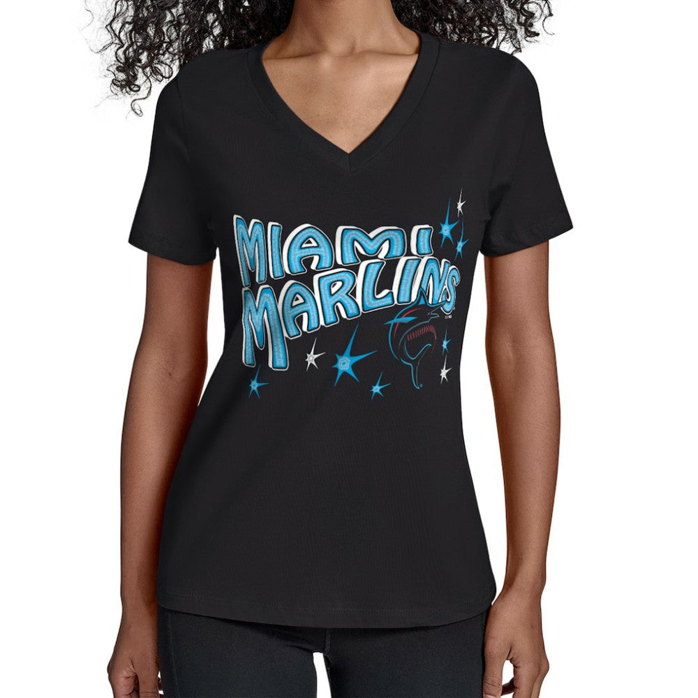 Miami Marlins Starter Women's Fireworks V-Neck T-Shirt - Black - MLB on Sale