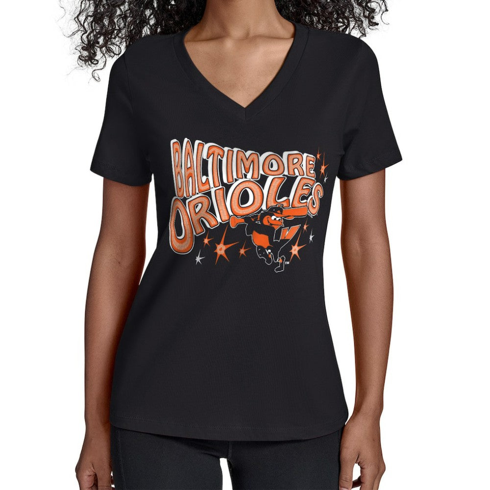 Baltimore Orioles Starter Women's Fireworks V-Neck T-Shirt - Black - MLB Sale