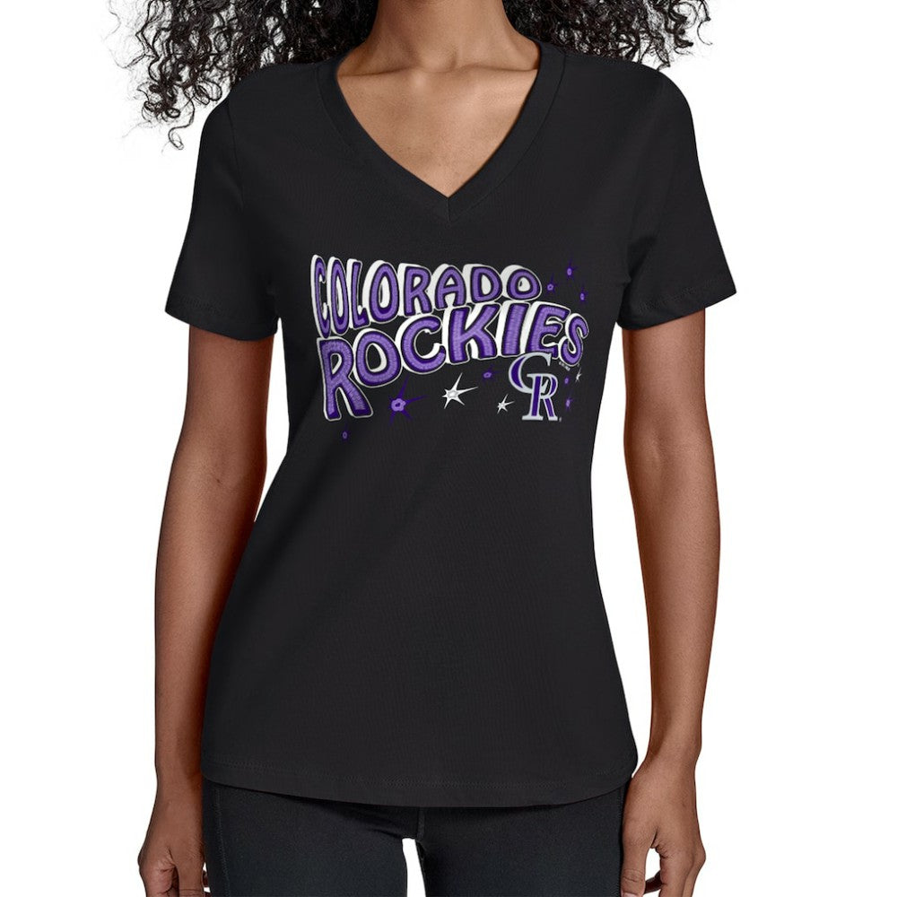 Colorado Rockies Starter Women's Fireworks V-Neck T-Shirt - Black - MLB Discount
