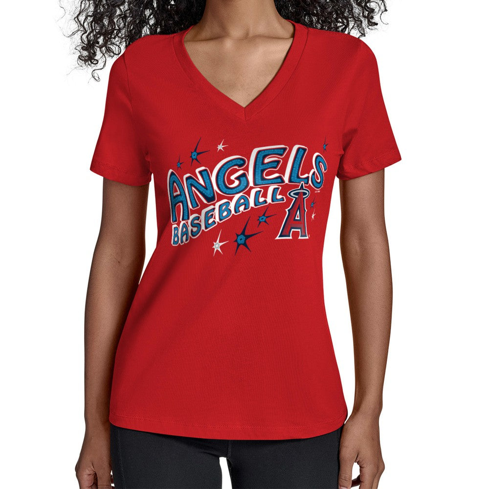 Los Angeles Angels Starter Women's Fireworks V-Neck T-Shirt - Red - MLB Sale