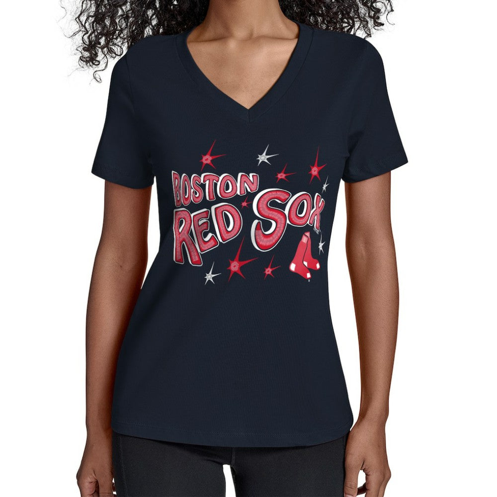 Boston Red Sox Starter Women's Fireworks V-Neck T-Shirt - Navy - MLB on Sale