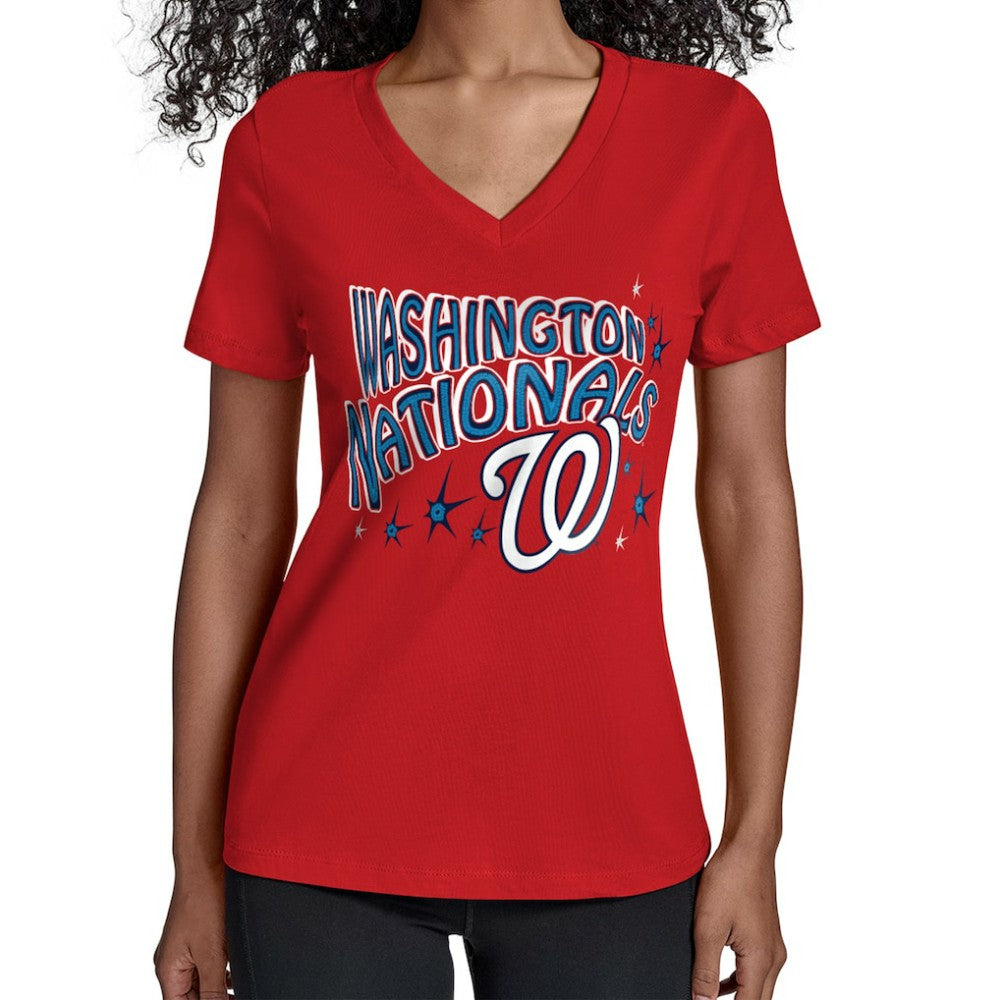Washington Nationals Starter Women's Fireworks V-Neck T-Shirt - Red - MLB Discount