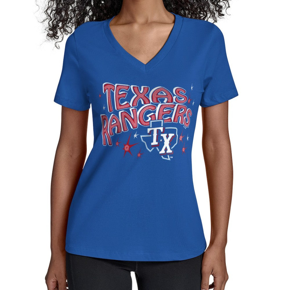 Texas Rangers Starter Women's Fireworks Team Name V-Neck T-Shirt - Royal - MLB Lifestyle