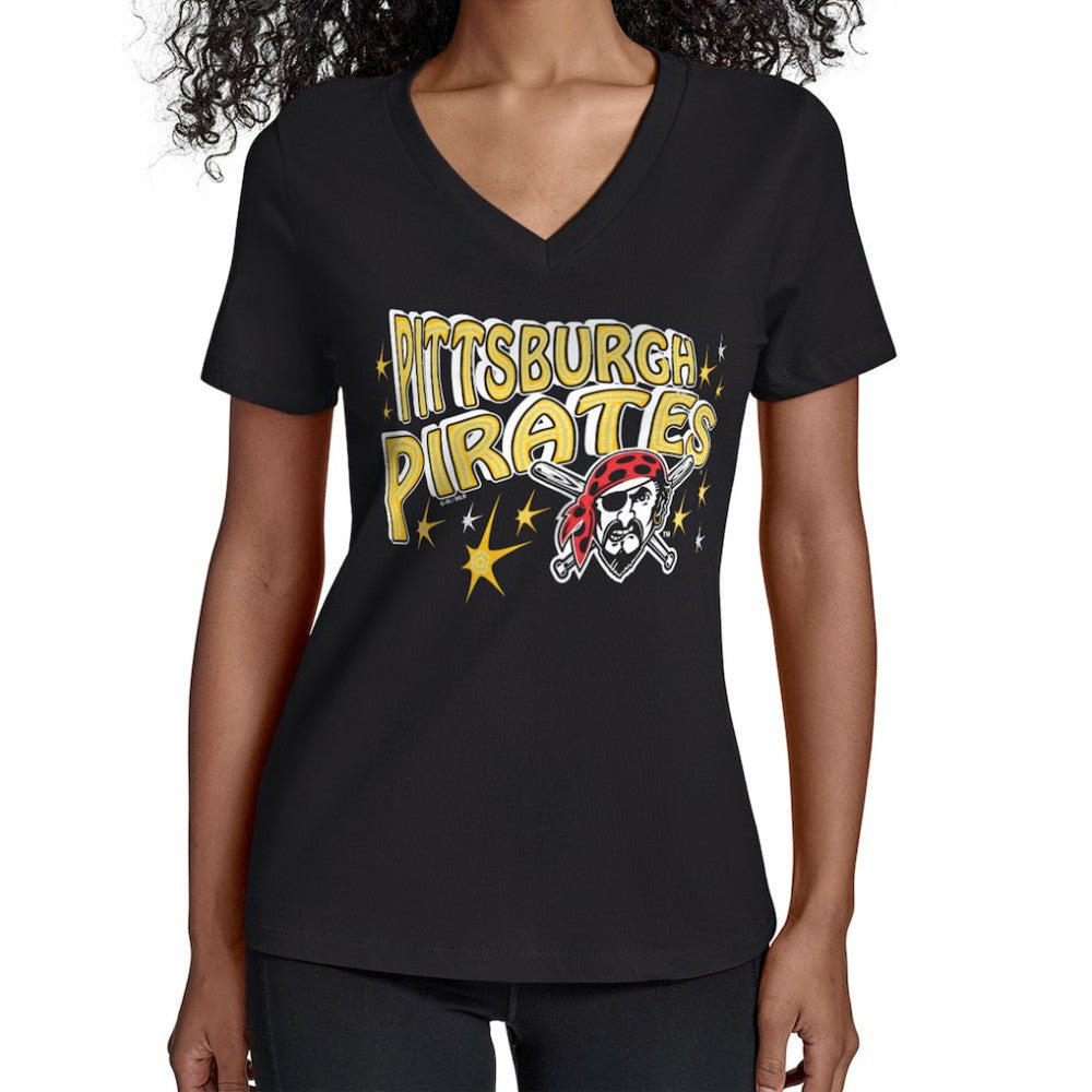 Pittsburgh Pirates Starter Women's Fireworks V-Neck T-Shirt - Black - MLB Discount