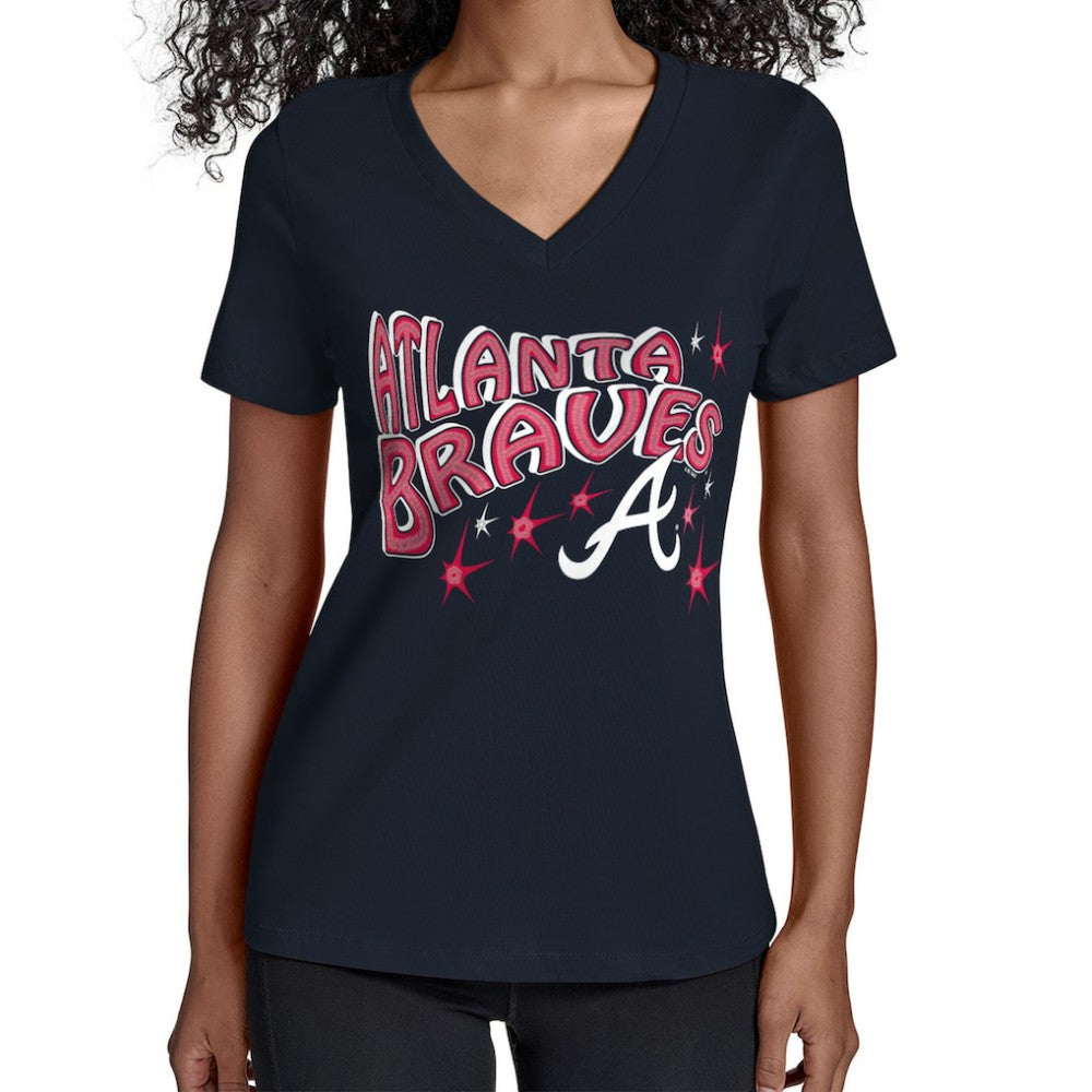 Atlanta Braves Starter Women's Fireworks V-Neck T-Shirt - Navy - MLB Discount