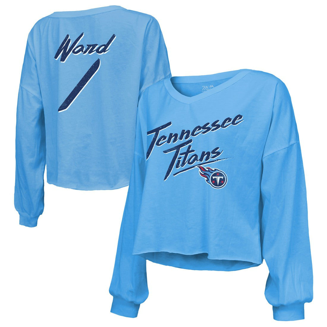Cameron Ward Tennessee Titans Majestic Threads Women's Name & Number Off-Shoulder Script Cropped Long Sleeve Relaxed V-Neck T-Shirt Light Blue