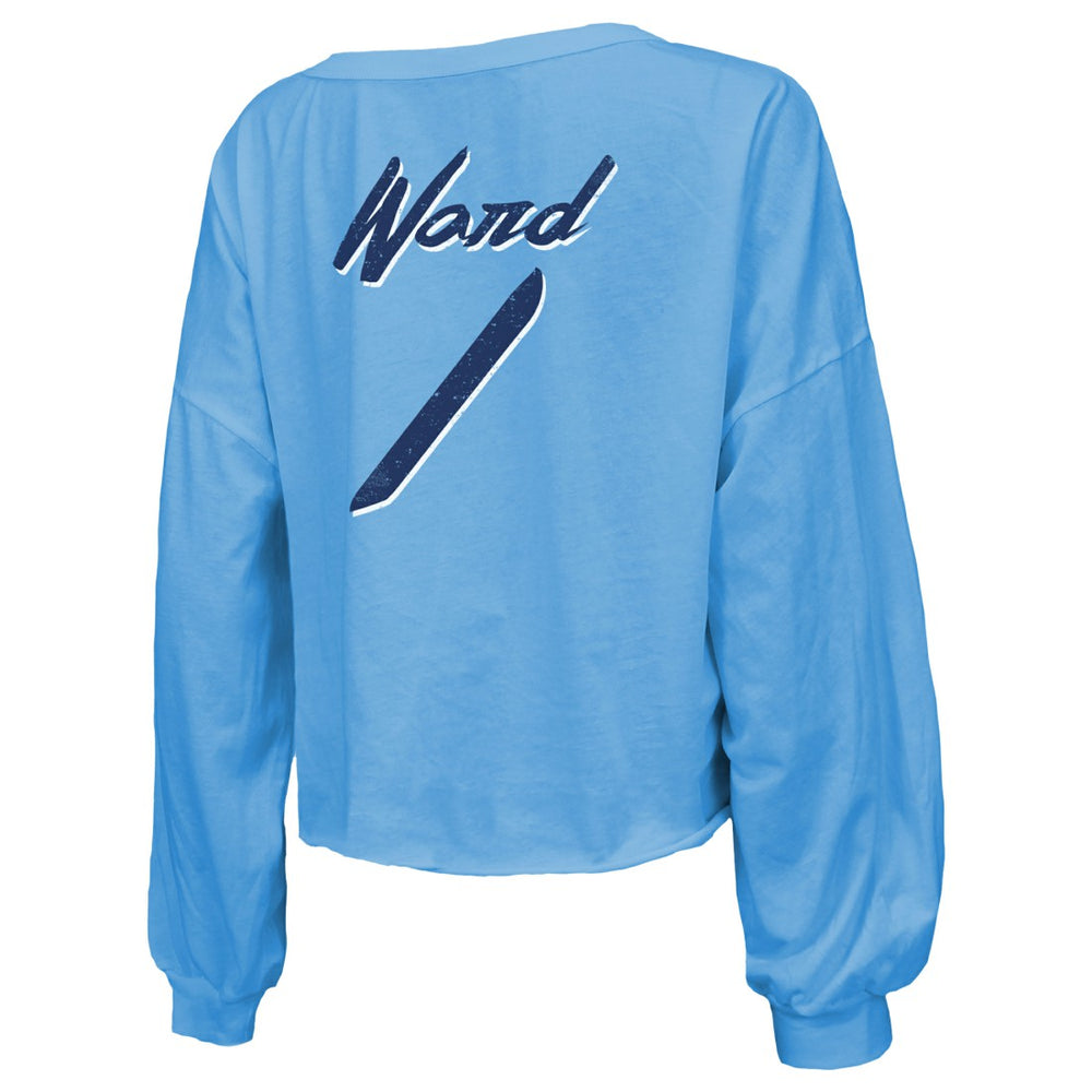 Cameron Ward Tennessee Titans Majestic Threads Women's Name & Number Off-Shoulder Script Cropped Long Sleeve Relaxed V-Neck T-Shirt Light Blue