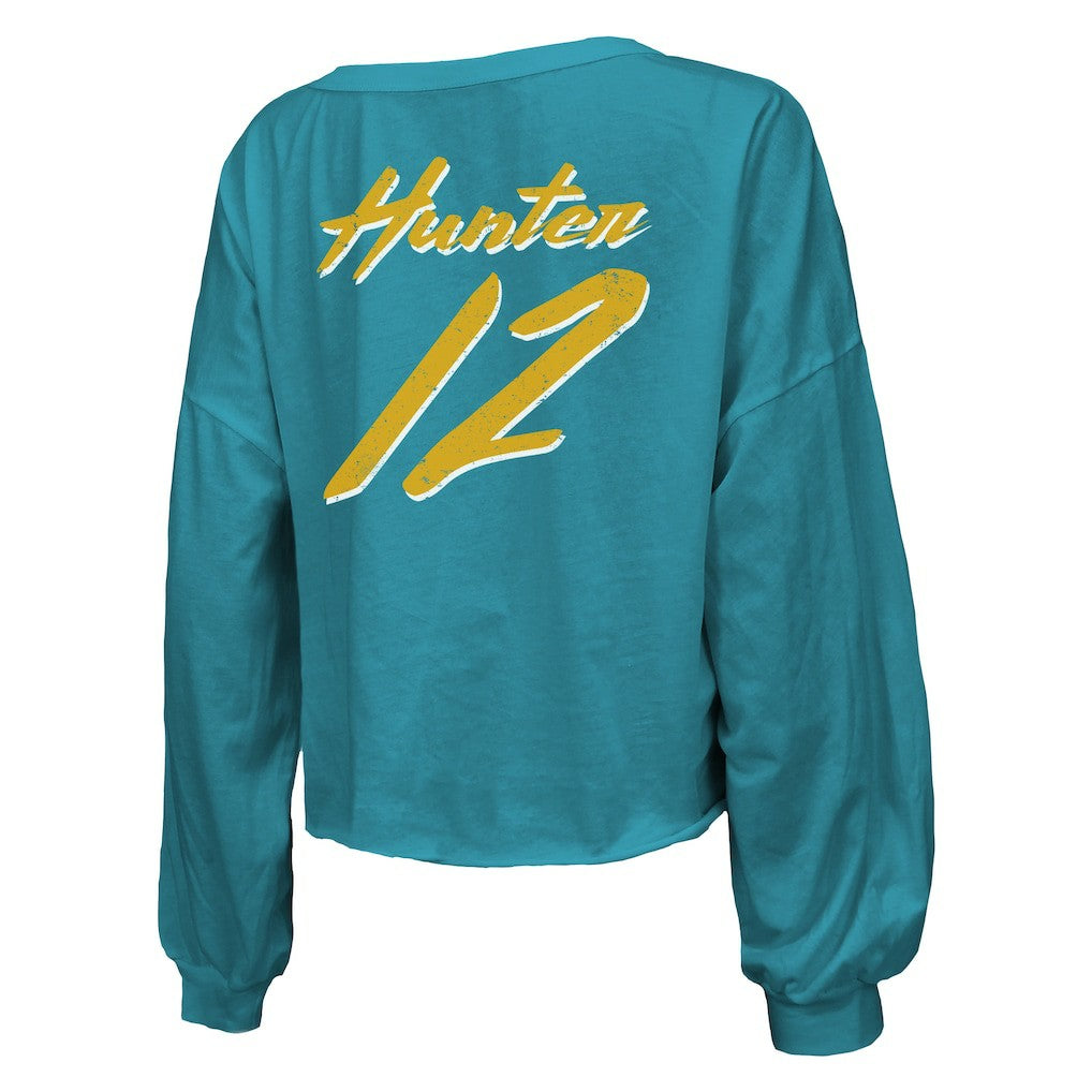 Travis Hunter Jacksonville Jaguars Majestic Threads Women's Name & Number Off-Shoulder Script Cropped Long Sleeve Relaxed V-Neck T-Shirt Teal
