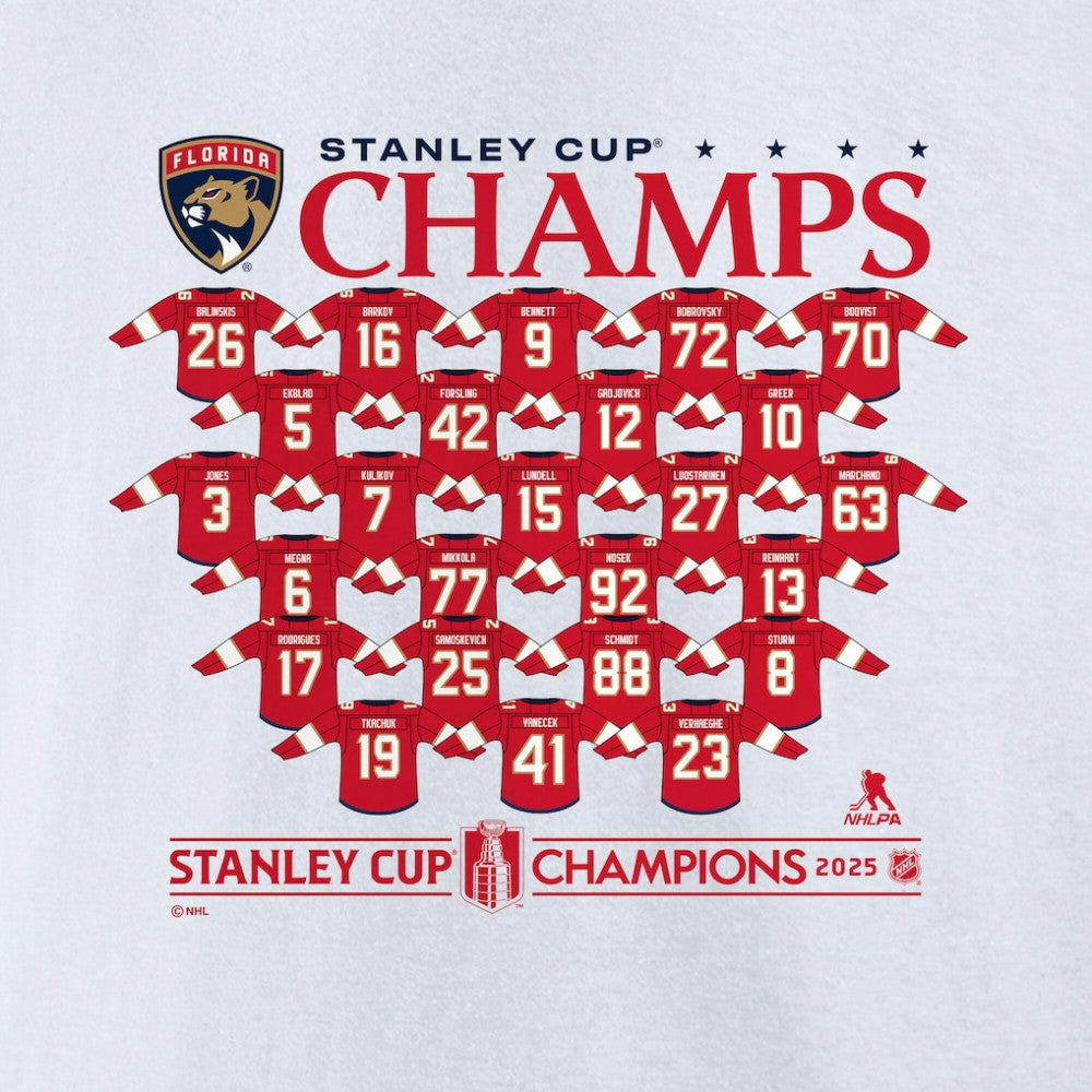 Florida Panthers Fanatics 2025 Stanley Cup Champions Jersey Roster T-Shirt - White - NHL 203140023