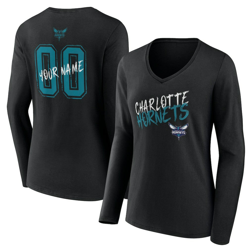 Charlotte Hornets Women's Hustle Custom Long Sleeve V-Neck T-Shirt Black