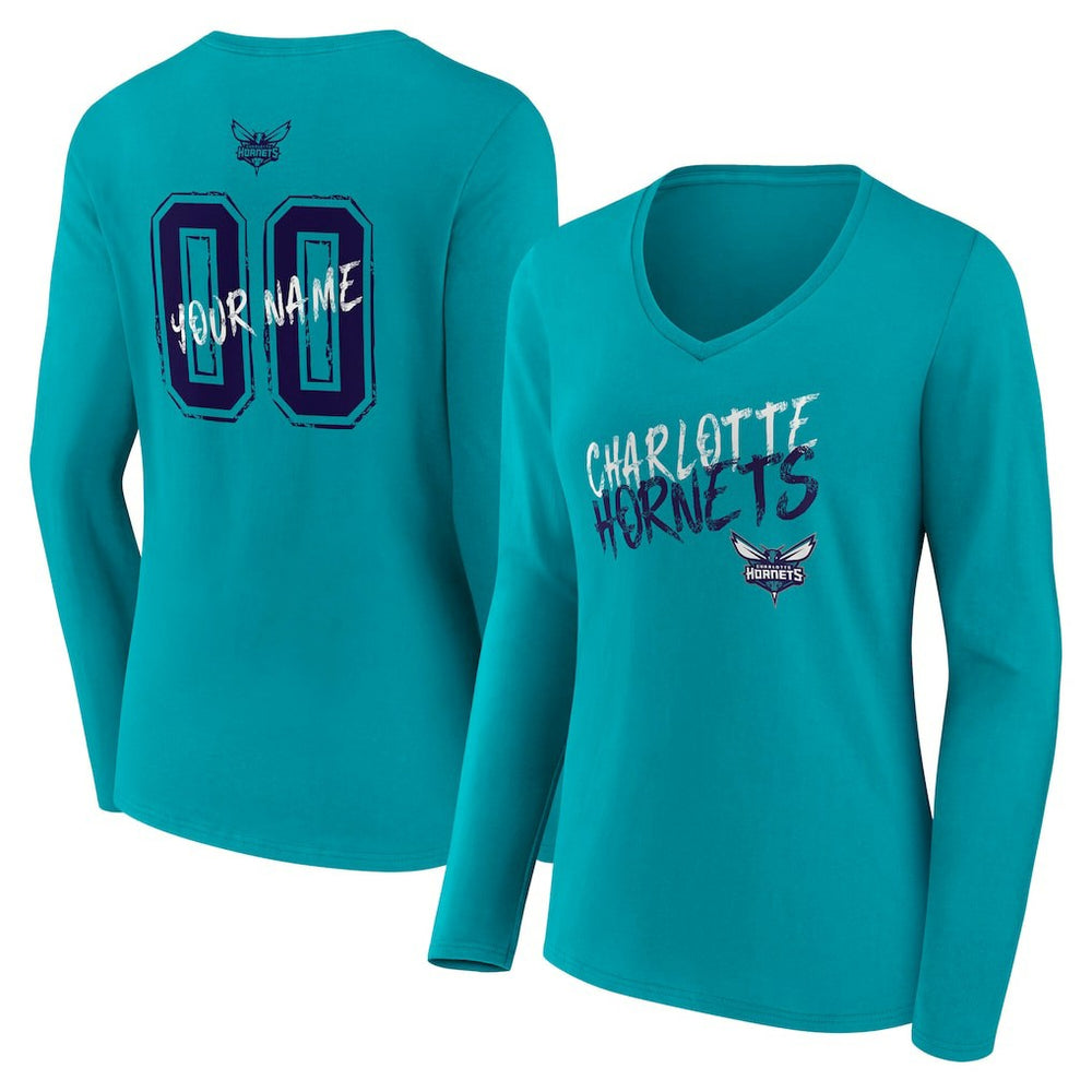 Charlotte Hornets Women's Hustle Custom Long Sleeve V-Neck T-Shirt Teal