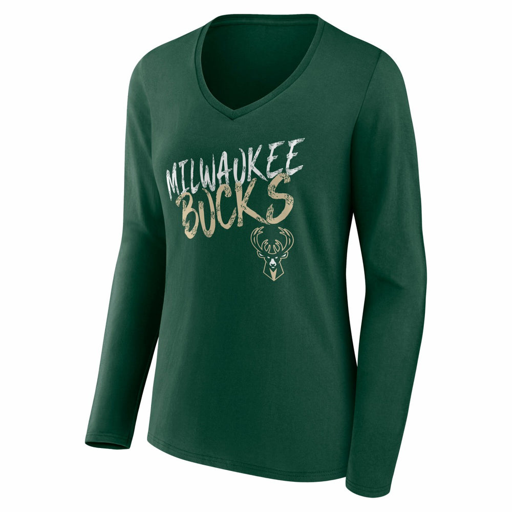 Milwaukee Bucks Women's Hustle Custom Long Sleeve V-Neck T-Shirt Hunter Green