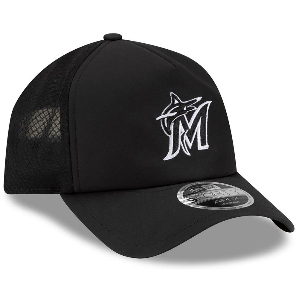 Miami Marlins New Era 2026 Batting Practice Apex 9FORTY Adjustable Trucker Hat - Black - New Era Discount