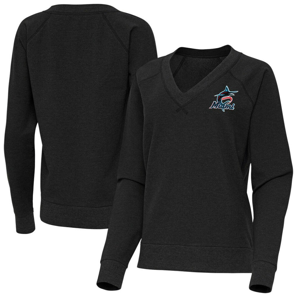 Miami Marlins Antigua Women's Varsity Tri-Blend V-Neck Long Sleeve T-Shirt - Heather Black - MLB Discount