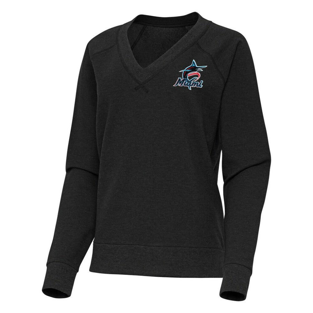 Miami Marlins Antigua Women's Varsity Tri-Blend V-Neck Long Sleeve T-Shirt - Heather Black - MLB Discount
