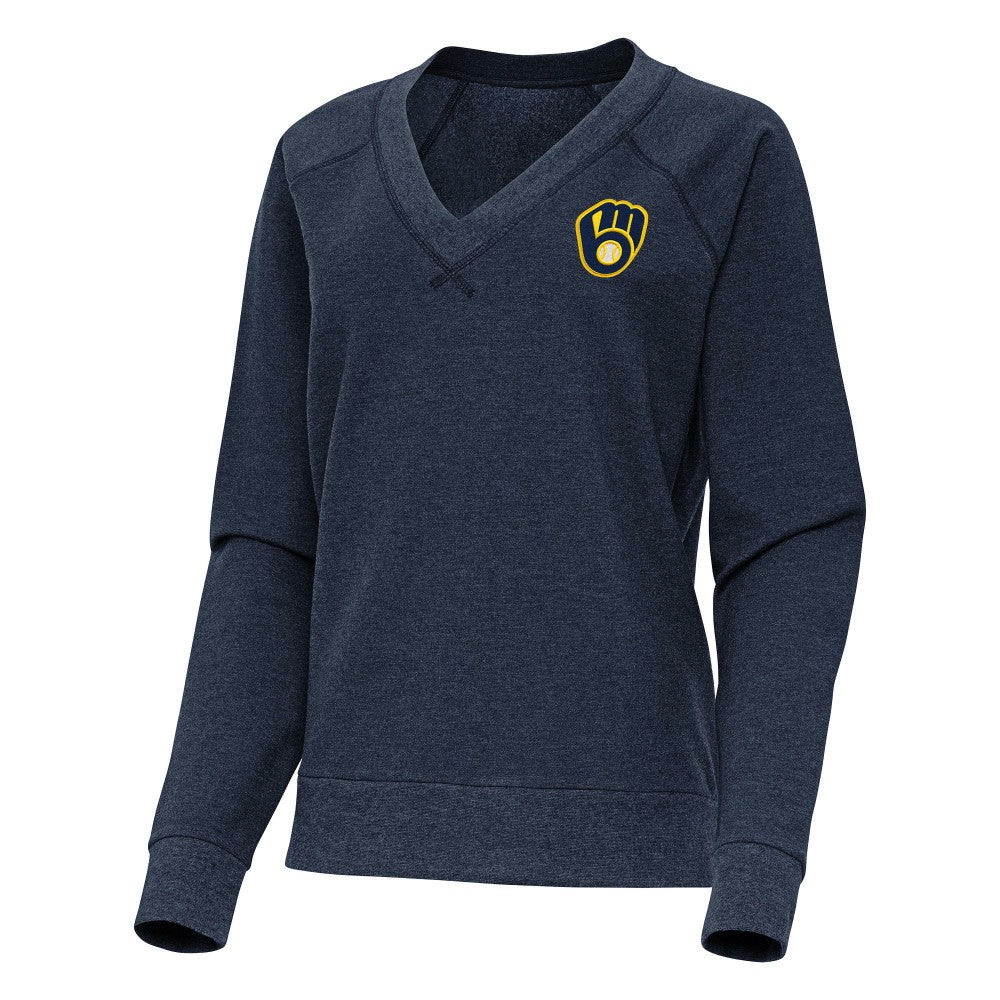 Milwaukee Brewers Antigua Women's Varsity Tri-Blend V-Neck Long Sleeve T-Shirt - Heather Navy - MLB Sale