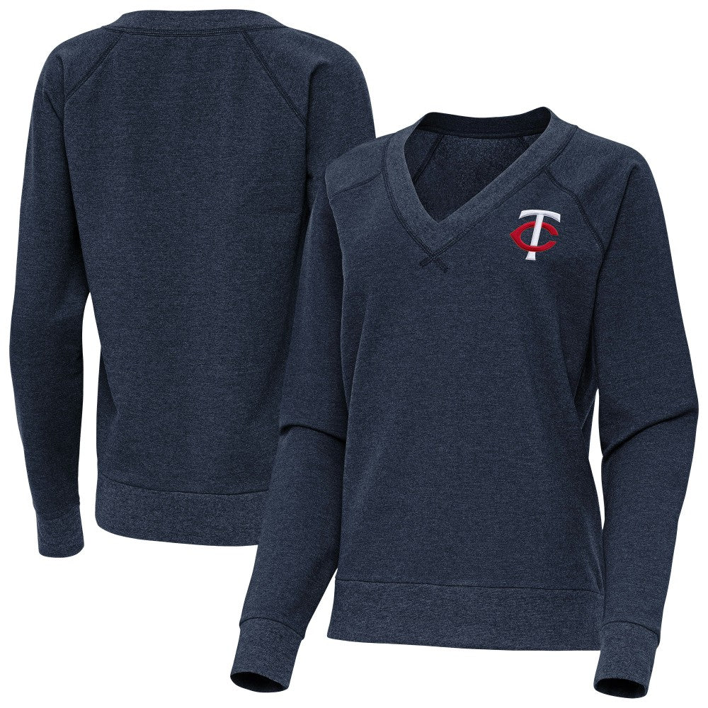 Minnesota Twins Antigua Women's Varsity Tri-Blend V-Neck Long Sleeve T-Shirt - Heather Navy - MLB Lifestyle