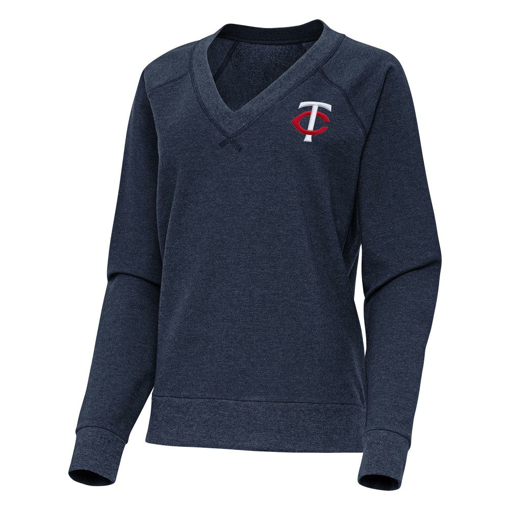 Minnesota Twins Antigua Women's Varsity Tri-Blend V-Neck Long Sleeve T-Shirt - Heather Navy - MLB Lifestyle