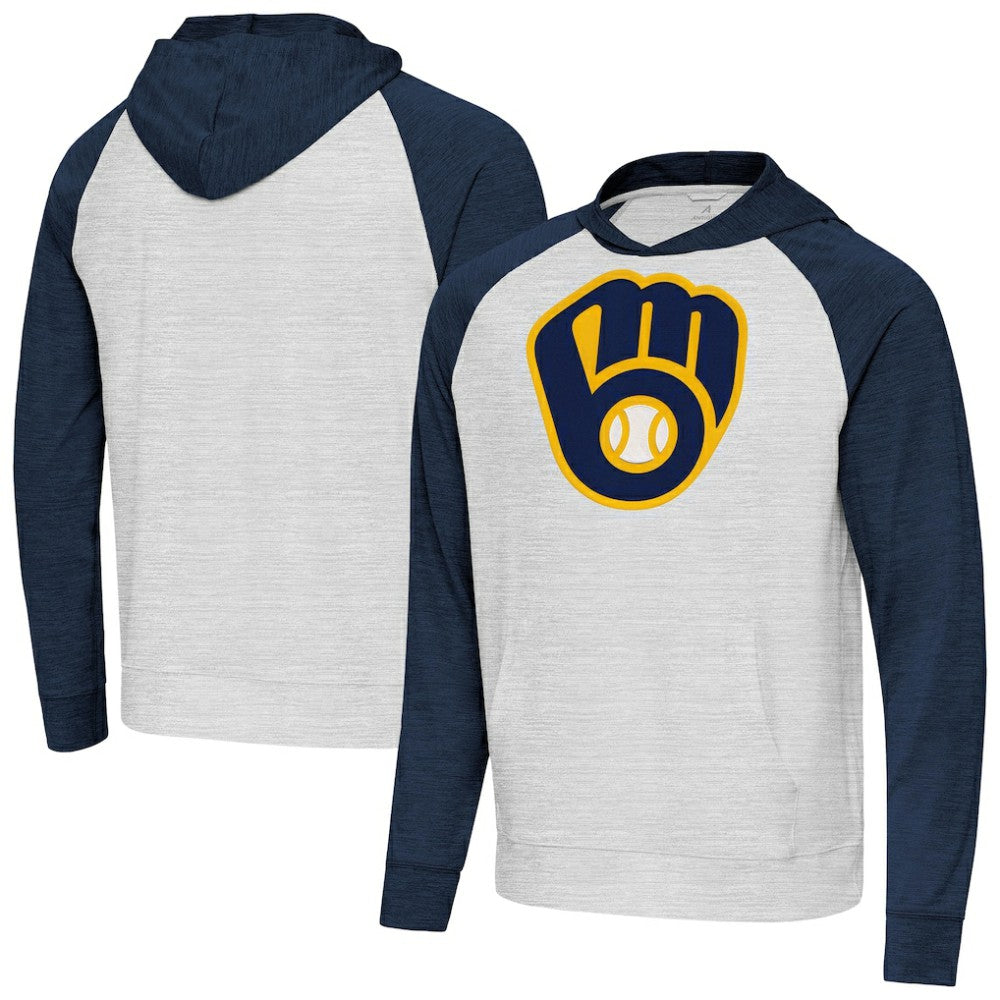 Milwaukee Brewers Antigua Urgent Pullover Hoodie - Heather Navy/Gray - MLB on Sale
