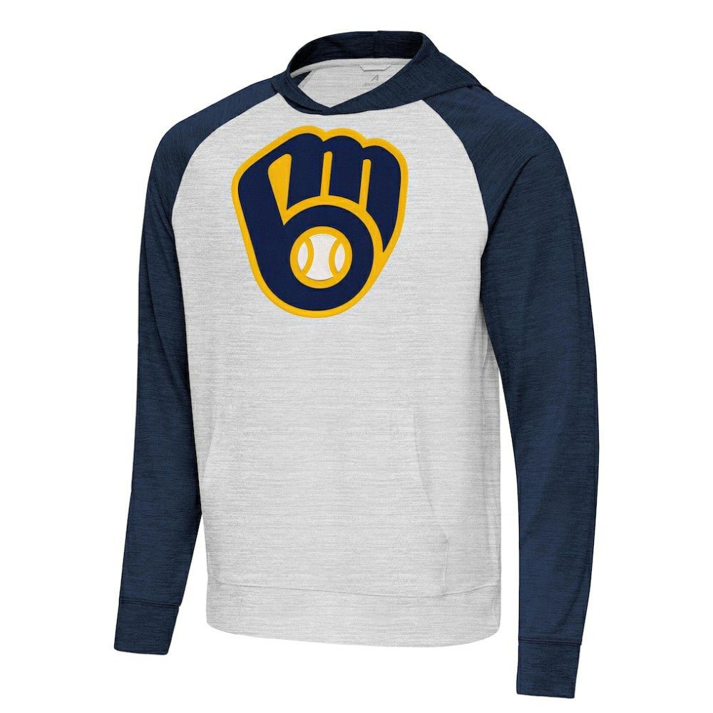 Milwaukee Brewers Antigua Urgent Pullover Hoodie - Heather Navy/Gray - MLB on Sale