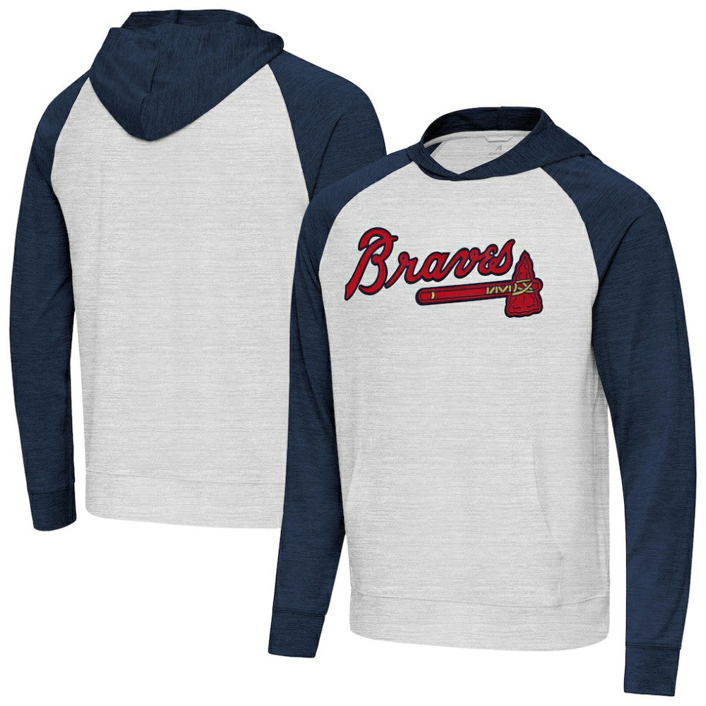 Atlanta Braves Antigua Urgent Pullover Hoodie - Heather Navy/Gray - MLB Sale