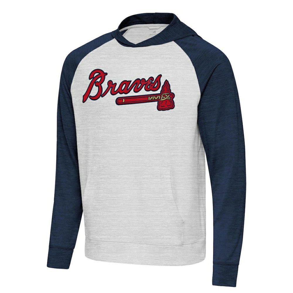 Atlanta Braves Antigua Urgent Pullover Hoodie - Heather Navy/Gray - MLB Sale