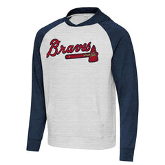 Atlanta Braves Antigua Urgent Pullover Hoodie - Heather Navy/Gray - MLB Sale