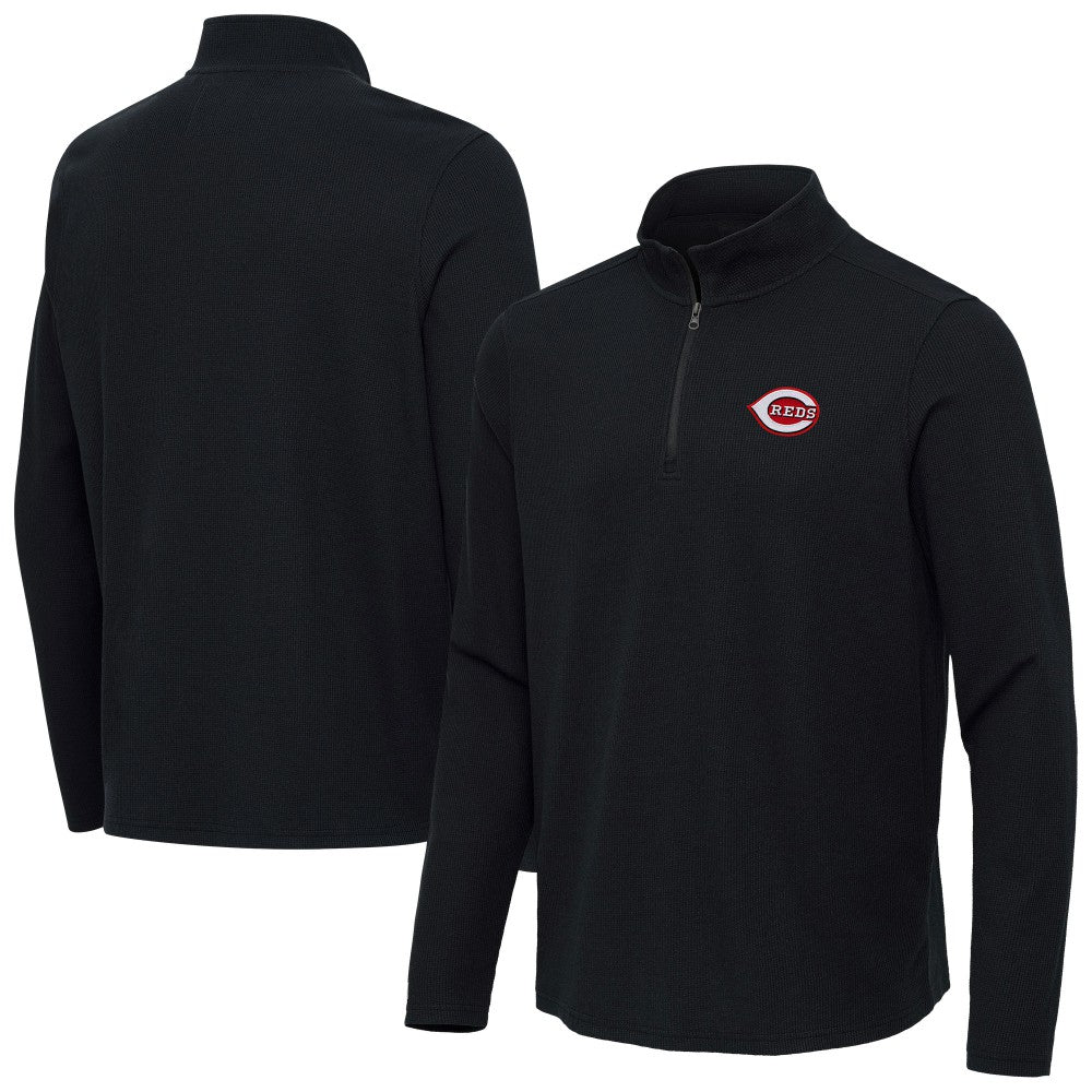 Cincinnati Reds Antigua Sync Tri-Blend Quarter-Zip Pullover - Heather Black - MLB Discount