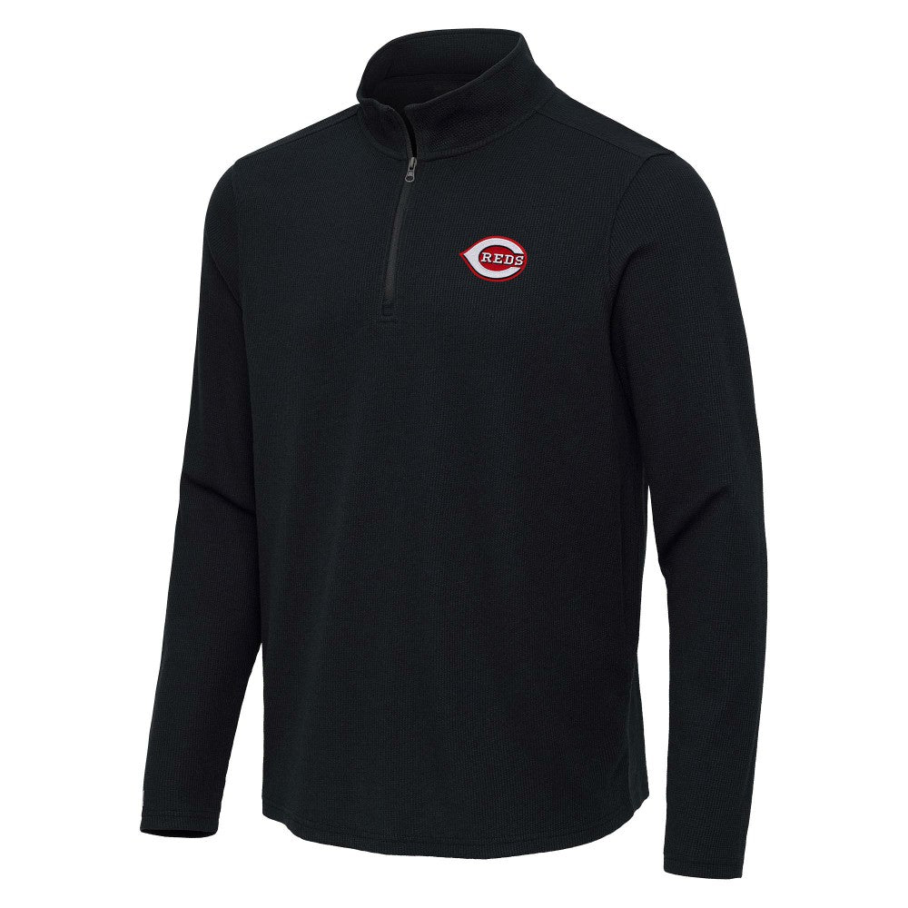 Cincinnati Reds Antigua Sync Tri-Blend Quarter-Zip Pullover - Heather Black - MLB Discount