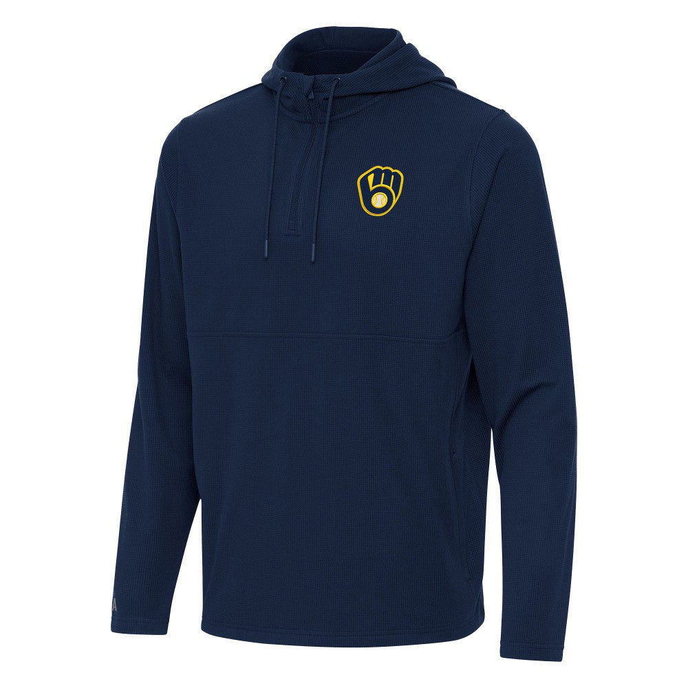 Milwaukee Brewers Antigua Connected Quarter-Zip Pullover Hoodie - Navy - MLB Lifestyle