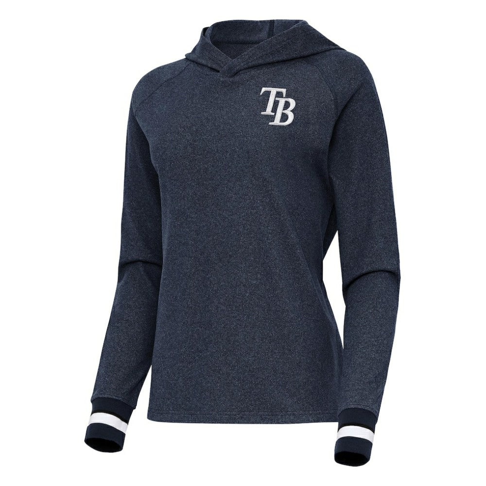 Tampa Bay Rays Antigua Women's Trek Pullover Hoodie - Heather Navy - MLB Lifestyle